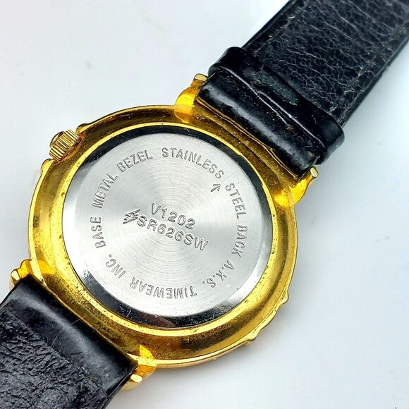 Vintage Signature Studio Quartz Watch Gold & Silver Tone Black Leather Strap - Picture 6 of 10